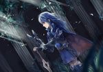  anocurry blue_eyes blue_hair cape falchion_(fire_emblem) fire_emblem fire_emblem:_kakusei long_hair lucina mask solo sword tiara weapon 