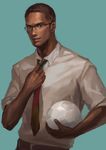  axis_powers_hetalia ball belt black_hair cameroon_(hetalia) dark_skin dark_skinned_male glasses lotus_(elico) male_focus necktie realistic shirt smile soccer_ball solo telstar 