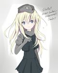  black_dress blonde_hair commentary_request core_(mayomayo) cropped_jacket dress garrison_cap german hat kantai_collection lavender_eyes long_hair long_sleeves looking_at_viewer military military_uniform puffy_long_sleeves puffy_sleeves ranguage solo swordfish translated u-511_(kantai_collection) uniform 