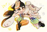  2girls ;d alternate_color aori_(splatoon) blush chromatic_aberration detached_collar dress fangs food food_on_head fruit gloves hotaru_(splatoon) kab00m_chuck lemon long_hair mole mole_under_eye multiple_girls object_on_head one_eye_closed open_mouth orange_legwear pantyhose short_hair smile splatoon_(series) splatoon_1 strapless strapless_dress sushi tentacle_hair unitard white_gloves white_legwear 