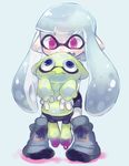  3: :d bike_shorts blue_background blue_eyes blue_hair carrying domino_mask fang inkling long_hair looking_at_another mask multiple_girls okayu_(headless) open_mouth pink_eyes pointy_ears shoes smile sneakers splatoon_(series) splatoon_1 standing tentacle_hair 
