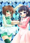  apron argyle argyle_background black_hair brown_hair cake cardcaptor_sakura daidouji_tomoyo food fruits_candy green_eyes green_legwear green_shorts hanamiya_natsuka highres kinomoto_sakura long_hair multiple_girls purple_eyes short_hair shorts thighhighs 