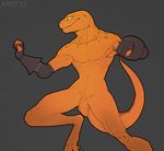  2015 amit anthro claws clothed clothing digitigrade fingerless_gloves flaccid gecko gloves grey_background grin humanoid_penis lizard long_foreskin male muscles orange_scales penis reptile scalie sharp_teeth simple_background solo spots teeth yellow_eyes yellow_scales 