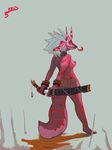  2015 anthro back blue_background breasts clothing dragon ear_piercing female green_sclera grey_hair hair horn kobold loincloth looking_at_viewer melee_weapon newd nipples piercing pink_scales purple_scales red_eyes red_scales reptile scales scalie sharp_teeth side_boob simple_background solo standing sword teeth weapon 