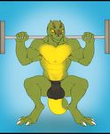  2015 amit anthro askir barbell blue_background bulge claws clothing digitigrade exersize gradient_background horn lizard mass_effect mucle n7 reptile scalie simple_background speedo squats swimsuit video_games yellow_eyes 