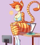  2015 anthro butt cat chair cleavage clothed clothing computer computer_mouse desk digital_media_(artwork) english_text feline female green_eyes hair jaeh laptop loree mammal orange_hair purple_background shirt shorts sitting solo stripes tank_top text tight_clothing 