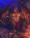  abs acidapluvia anthro avian beak clothed clothing gryphon half-dressed loincloth looking_at_viewer male night outside topless wings yellow_eyes 