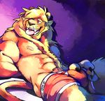  blonde_hair boxer_briefs bulge clothed clothing feline hair half-dressed jaryl_(character) lion male mammal nipples red_eyes solo super-tuler tongue topless underwear underwear_down 