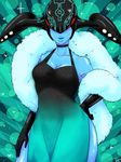 1girl alien blue_skin breasts cleavage clothed clothing dress female lips not_furry solo striped_background the_wonderful_101 vijounne wide_hips 