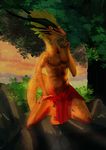  anthro clothing crossgender dragon feathers kneeling loincloth looking_at_viewer male nude outside rock tree velan&#039;nal velannal 