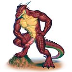  3_toes abs anthro dragon ear_piercing erection green_eyes hand_on_hip horn looking_at_viewer male muscles nude pecs penis piercing red_skin rollwulf scalie simple_background smile solo standing toes vargore 