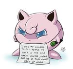  2014 ambiguous_gender angry blue_eyes english_text feral hair jigglypuff marker microphone nintendo nude pink_hair pink_skin pok&eacute;mon pok&eacute;shaming simple_background solo text video_games white_background x-cross 