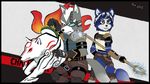  2015 ace_arcana amaterasu anthro blue_fur blue_hair canine clothed clothing deity female feral fox front_view fur green_eyes group hair krystal looking_at_viewer male mammal nintendo rear_view staff star_fox video_games wolf wolf_o&#039;donnell ōkami 