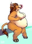  2014 anthro areola belly big_belly big_breasts bovine breasts brown_hair cattle chubby digital_media_(artwork) eleanor female hair hooves horn mammal navel nipples nude oddwilds open_mouth overweight sitting solo tongue tongue_out 