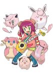  1girl boots cleffa creatures_(company) crossover fingerless_gloves full_body game_freak gen_1_pokemon gen_2_pokemon gloves green_eyes green_shorts guitar heart holding holding_instrument holding_microphone hood hoodie instrument jigglypuff lickitung microphone music nintendo open_mouth playing_instrument pokemon pokemon_(creature) purple_hair rockman ryuusei_no_rockman short_hair shorts simple_background smile standing tongue tongue_out white_background wigglypuff 
