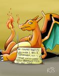  2014 anthro charizard claws dragon english_text fire half-closed_eyes looking_at_viewer nintendo orange_scales pok&eacute;mon pok&eacute;shaming red_scales ronnieraccoon scalie scratching solo text toe_claws video_games wings 
