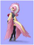  2015 anthro archaeopteryx clothed clothing dinosaur female hair high_heels looking_at_viewer looking_back lordstevie multicolored_hair simple_background smile solo two_tone_hair winged_arms wings 