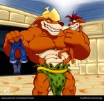  2015 abs bandicoot barefoot big_muscles big_pecs bulge clothed clothing crash_bandicoot crash_bandicoot_(series) grabbing green_eyes grin gs helmet imminent_sex jeans loincloth male mammal marsupial muscles nude pecs sharp_teeth size_difference teeth thylacine tiny_tiger video_games yellow_sclera 