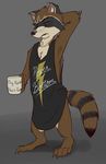  anthro beverage bottomless clothed clothing coffee coffee_mug digital_drawing_(artwork) digital_media_(artwork) english_text eyes_closed fluffy_tail food guardians_of_the_galaxy half-dressed male mammal morning power_bottom raccoon rocket_raccoon scratching shirt skunkjunkie solo tank_top text whiskers 