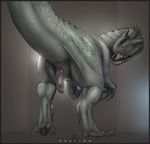  2015 anthro anus claws dinosaur english_text erection evalion feral hi_res indominus_rex jurassic_park jurassic_world male open_mouth penis precum red_eyes scales scalie sharp_teeth spikes talons teeth text 