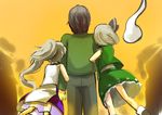  2girls arm_hug bad_hands black_hair black_pants commentary faceless faceless_male frilled_skirt frills from_behind gaoo_(frpjx283) good_end green_shirt green_skirt green_vest grey_hair hair_ribbon hat hetero japanese_clothes kariginu konpaku_youmu konpaku_youmu_(ghost) long_hair love_triangle mononobe_no_futo multiple_girls no_hat no_headwear outdoors pants ponytail ribbon shirt shoes short_hair skirt skirt_set sleeveless socks standing sunset tate_eboshi torn_clothes touhou vest village white_hair 