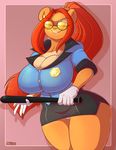  2015 ambar anthro badge bear big_breasts blue_eyes breasts cleavage clothed clothing eyewear female gloves hair huge_breasts jaeh las_lindas long_hair looking_at_viewer mammal milf miniskirt mother one_eye_closed parent pink_nose police ponytail red_hair smile solo sunglasses thick_thighs uniform voluptuous wide_hips wink 