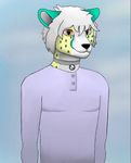  2015 anthro cheetah clothing collar feline heterochromia male mammal moon_fang15 outside shirt simple_background solo spots standing 