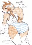  2015 anthro brown_fur brown_hair butt canine clothing dog female fur green_eyes hair japanese_text kimichika mammal open_mouth panties presenting presenting_hindquarters raised_tail sketch solo text underwear 