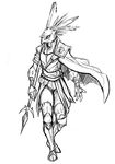  anthro armor avian bird black_and_white cape clothed clothing guoh halberd looking_away male melee_weapon monochrome polearm secretary_bird simple_background solo weapon white_background 