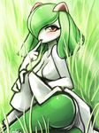  anthro blush breasts butt clothing female grass green_hair hair half-closed_eyes kirlia licking looking_at_viewer lumineko lying nintendo open_mouth outside pok&eacute;mon red_eyes solo teeth tongue tongue_out underwear video_games 