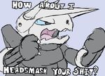  2010 aggron ambiguous_gender angry anthro bludragoon blue_background blue_eyes claws english_text fist grey_skin horn nintendo nude open_mouth pok&eacute;mon reaction_image simple_background solo text video_games white_skin 