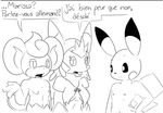  2015 anthro black_and_white breasts buckteeth comic dialogue elpatrixf female flammin&#039;go freckles french_text male marissa monochrome navel nintendo nude open_mouth pansear pikachu pok&eacute;mon pok&eacute;morph quilladin simple_background text video_games white_background 
