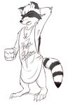  anthro beverage bottomless clothed clothing coffee coffee_mug digital_drawing_(artwork) digital_media_(artwork) english_text eyes_closed fluffy_tail food guardians_of_the_galaxy half-dressed male mammal monochrome morning raccoon rocket_raccoon scratching shirt skunkjunkie solo tank_top text whiskers 