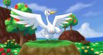  avian big_breasts bird breasts busty_feral cleavage clothed clothing cloud edit feathered_wings feathers female feral hi_res looking_at_viewer nintendo nipples ole outside pok&eacute;mon sky solo spread_wings standing swan swanna video_games wings 