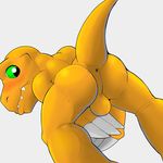  agumon anus balls blush butt covering covering_crotch digimon digital_media_(artwork) dinosaur embarrassed looking_back low-angle_shot male nervous paw_hands perineum rear_view scalie semi-anthro simple_background solo unknownwolf white_background worm&#039;s-eye_view 