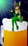  alcohol anthro beer beverage blue_eyes bow_tie breasts brown_fur brown_hair clothed clothing clover drake-rex female food fur gabbslines hair hair_bun half-closed_eyes hare lagomorph long_hair mammal micro pastries pink_nose rabbit sitting skimpy solo st_patrick&#039;s_day 