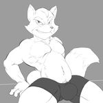  black_and_white boxer_briefs bulge clothing grin jerseydevil looking_at_viewer male monochrome muscles naughty_face navel nintendo pecs pubes reclining sitting solo star_fox toned underwear video_games wolf_o&#039;donnell 