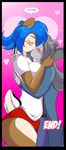  &lt;3 big_breasts big_butt blue_hair blush breast_squish breasts butt canine comic dialogue eyes_closed female freckles french_kissing grey_hair gym_shorts hair hug huge_breasts kissing lovers male mammal mastergodai rally_ryder rodent shaze squirrel voluptuous wide_hips wolf 