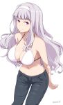  arms_behind_back bangs bare_shoulders bikini_top black_jeans blunt_bangs breasts cleavage collarbone cowboy_shot eyebrows_visible_through_hair hair_intakes hairband idolmaster idolmaster_(classic) idolmaster_million_live! kichihachi large_breasts long_hair navel purple_eyes shijou_takane silver_hair smile solo twitter_username white_background 