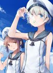  arm_behind_back bare_shoulders blue_eyes blue_sky bottle brown_hair clothes_writing collarbone day drinking hat kantai_collection multiple_girls roll_okashi sailor_collar sailor_hat short_hair silver_hair sky sleeveless water water_bottle white_hat z1_leberecht_maass_(kantai_collection) z3_max_schultz_(kantai_collection) 