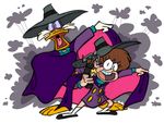  avian bird braces brown_hair cape clothing crossover darkwing_duck drake_mallard duck duo female gravity_falls hair looking_at_viewer mabel male mask 