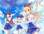  aikatsu! aikatsu!_(series) bad_id bad_pixiv_id blonde_hair blue_hair blush bow brown_hair camera closed_eyes cloud day hair_bow hair_ribbon hairband hoshimiya_ichigo kiriya_aoi long_hair multiple_girls open_mouth petals purple_eyes red_eyes ribbon school_uniform scrunchie shibuki_ran shirakino side_ponytail skirt sky smile starlight_academy_uniform streamers umbrella 