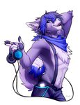  blue_eyes blue_hair blue_nose canine chest_tuft claws clothed clothing falvie fangs fur hair half-dressed headphones male mammal neckerchief open_mouth pants purple_fur simple_background solo suspenders topless tuft unbuttoned white_background wolf 