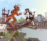  anthro antlers bridge building canine cervine city deer dog female fight fur glowing glowing_eyes green_eyes horn hybrid macro male mammal monster outside red_eyes tirrel water wings 