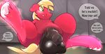  2015 balls big_balls big_macintosh_(mlp) dialogue english_text equine feral friendship_is_magic fur glowing green_eyes hair hooves horse huge_balls magic male mammal my_little_pony penis pony red_fur sidekick solo spread_legs spreading text 