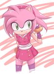  1girl amy_rose anthro bare_shoulders beige_skin black_nose bracelet clothing dress female furry green_eyes hair headband hedgehog jewelry jinzhan legwear mammal pink_hair short_hair simple_background sleeveless smile solo sonic_(series) sonic_boom_(game) sonic_the_hedgehog striped_background video_games 