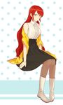  alternate_costume alternate_hairstyle bangs bare_shoulders boots center_frills chuu ears green_eyes hair_down knees_together long_hair looking_at_viewer meme_attire pantyhose parted_bangs polka_dot polka_dot_background pyrrha_nikos red_hair rwby sidelocks sitting smile solo very_long_hair virgin_killer_outfit 
