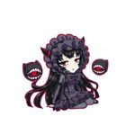  black_hair bonnet chibi commentary_request dress escort_fortress_(kantai_collection) gothic_lolita horns isolated_island_oni kantai_collection lolita_fashion long_hair lying minarai pantyhose red_eyes ribbed_dress shinkaisei-kan teeth thighhighs 