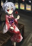  akisome_hatsuka alternate_costume alternate_hairstyle bat_wings blurry depth_of_field floral_print hair_ornament hair_up hand_on_own_knee japanese_clothes kimono lavender_hair looking_at_viewer obi outdoors pointy_ears red_eyes remilia_scarlet sandals sash short_hair smile solo touhou wings wooden_floor yukata 
