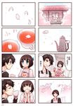  1girl black_hair cherry_blossoms comic cup food fruit issho_ni_gohan_tabetai kasugai_haruko momiji_mao musashino_kazuhiko original petals strawberry tea teapot translated 